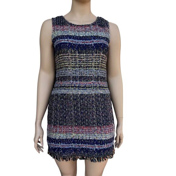 St. John Ellah 16 Multi-Color Tweed Fringe Mini Dress Sleeveless Sheath Knit